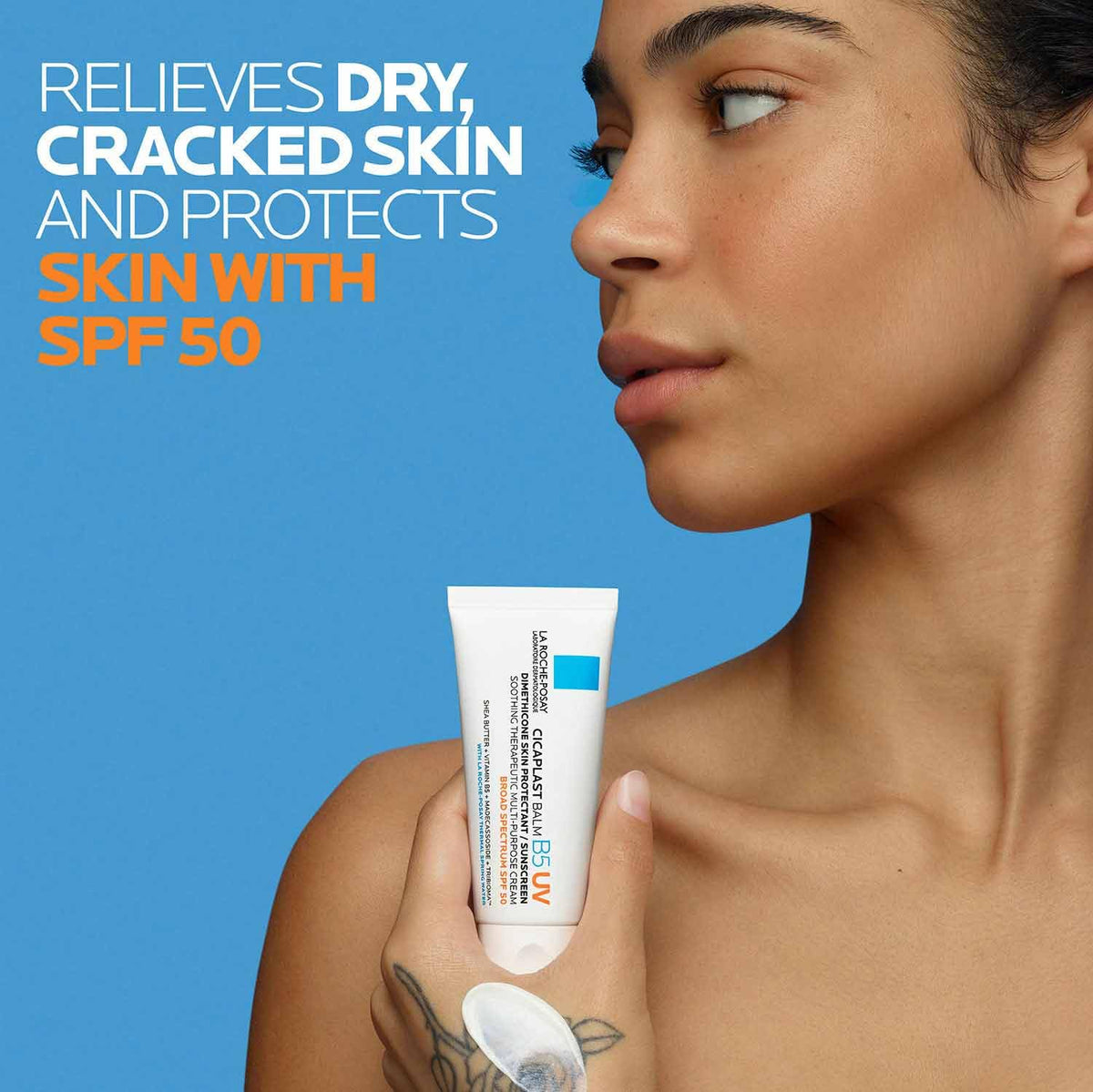 La Roche-Posay Cicaplast Balm B5 UV SPF 50, Vitamin B5 + Shea Butter + Tribioma + Madecassoside + Zinc Oxide Sunscreen, Post Treatment Skin Protectant With SPF, Multi-Purpose Cream For Dry Skin