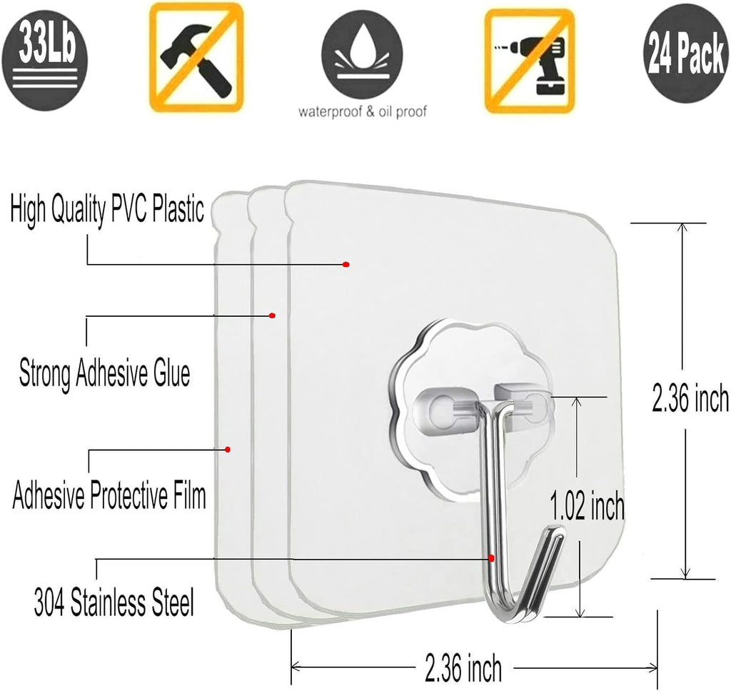 Jwxstore 24 Pack Self Adhesive Hooks Heavy Duty - 33lb Max, Transparent, Waterproof, Sticky Wall Hooks for Keys, Bathroom, Shower, Outdoor, Kitchen, Door, Home Improvement, Utility Hooks