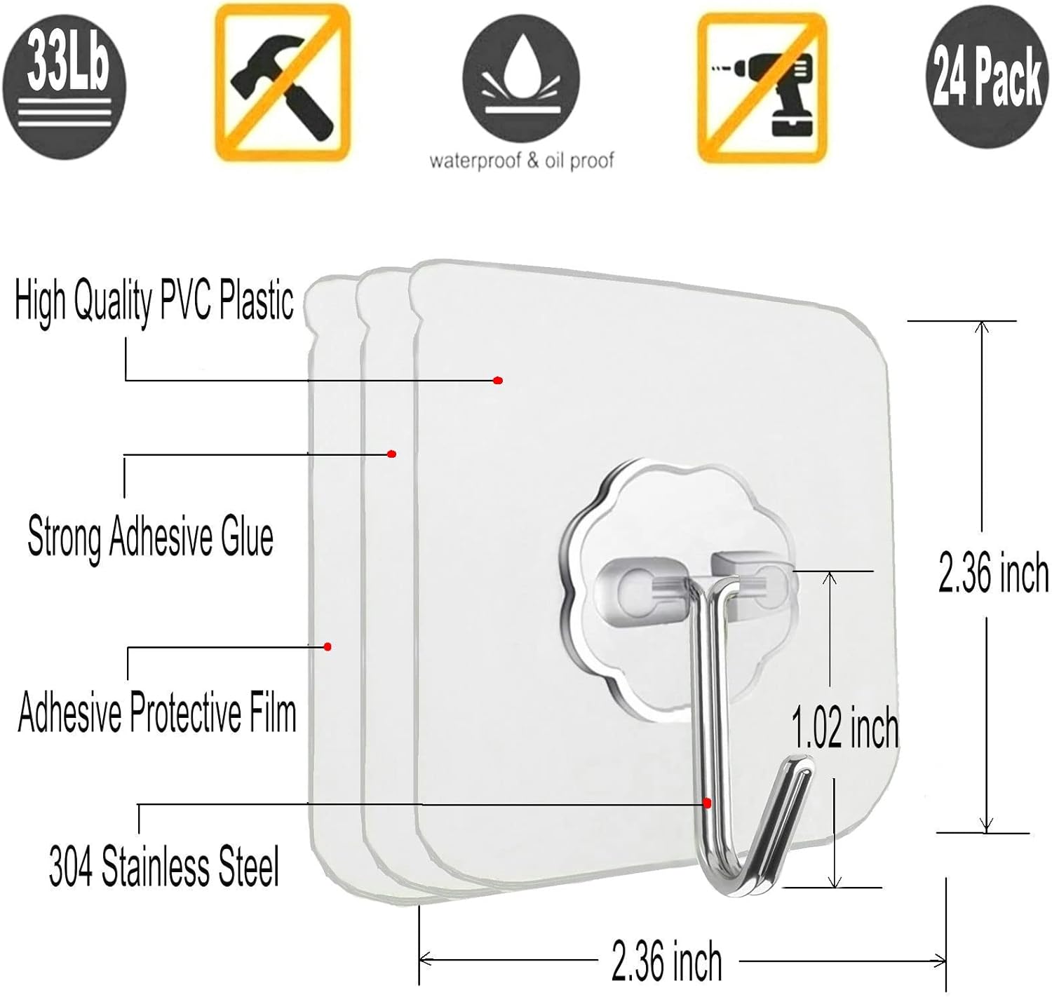 Jwxstore 24 Pack Self Adhesive Hooks Heavy Duty - 33lb Max, Transparent, Waterproof, Sticky Wall Hooks for Keys, Bathroom, Shower, Outdoor, Kitchen, Door, Home Improvement, Utility Hooks