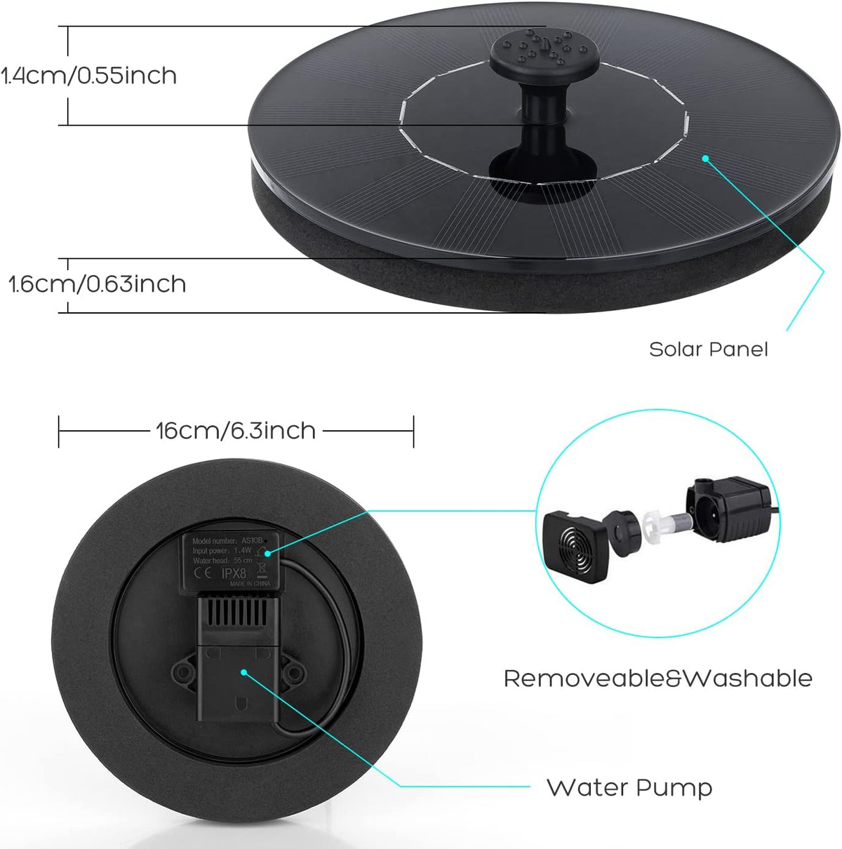Mademax Solar Bird Bath Fountains, Upgrade 1.4W Solar Fountain Pump with 6 Nozzles, Free Standing Floating Solar Powered Water Fountain Pump for Bird Bath, Garden, Pond, Pool, Outdoor