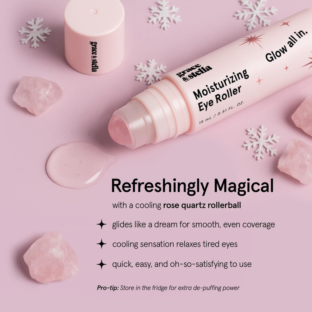 grace & stella Under Eye Brightener with Rose Quartz Rollerball - Centella Asiatica & Caffeine Under Eye Serum for Dark Circles & Puffiness - Travel Essentials, Birthday Gifts for Mom (15ml/0.51floz)