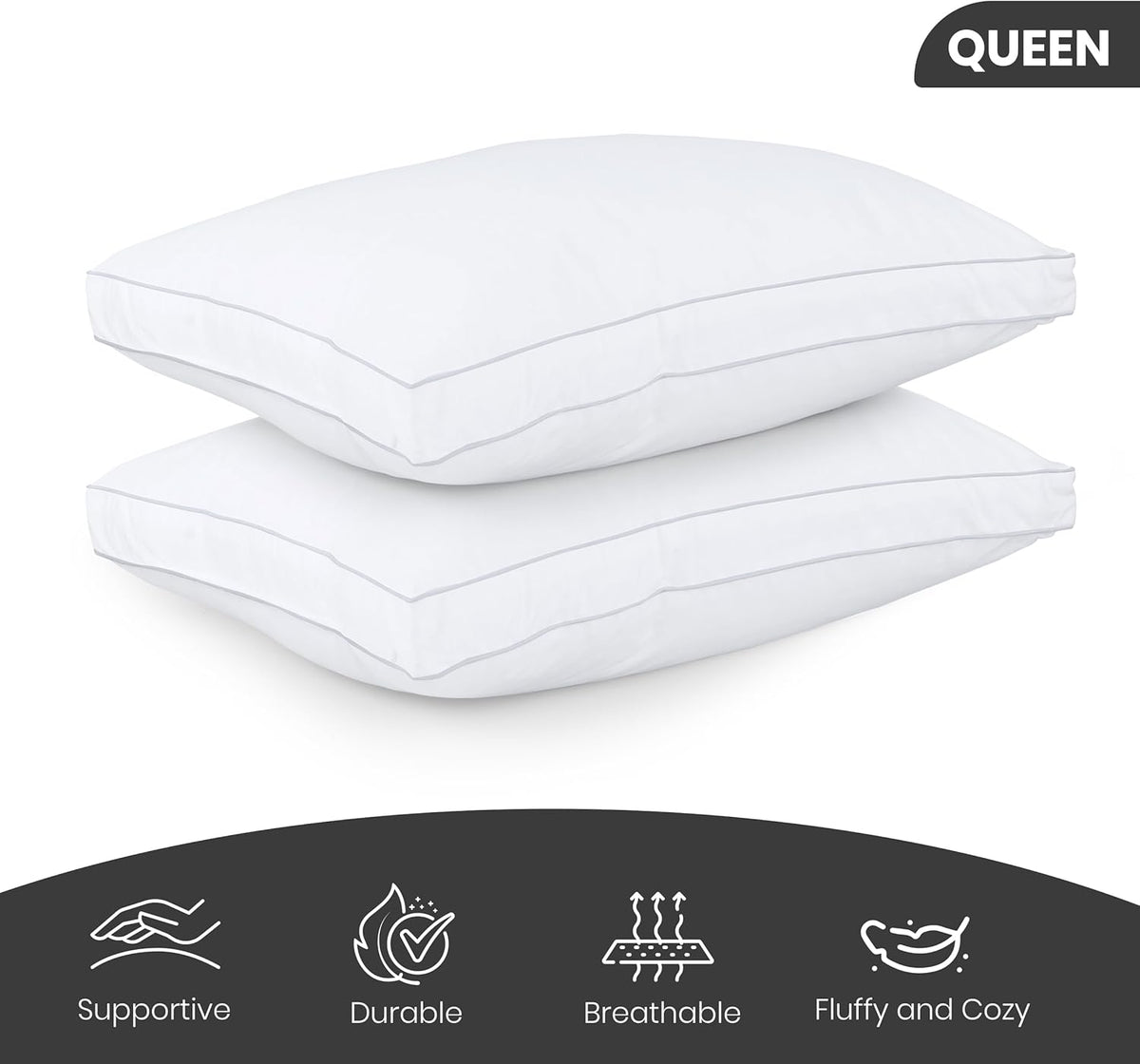 Utopia Bedding Bed Pillows for Sleeping Queen Size (White), Set of 2, Soft & Fluffy Pillow with Down Alternative Filling, Cooling, Hotel Quality, Gusseted Pillow for Back, Stomach or Side Sleepers