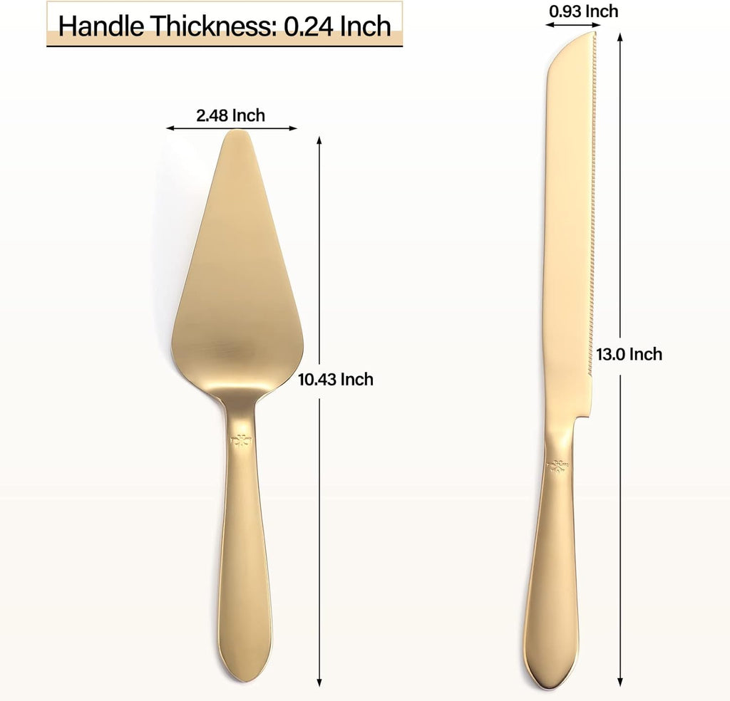 Eisinly Cake Cutting Set for Wedding, Elegant Cake Knife and Server Set with Thickened Stainless Steel Rounded Edges, Cake Cutter Pie Spatula for Birthday Anniversary, 2 Pcs, Gold