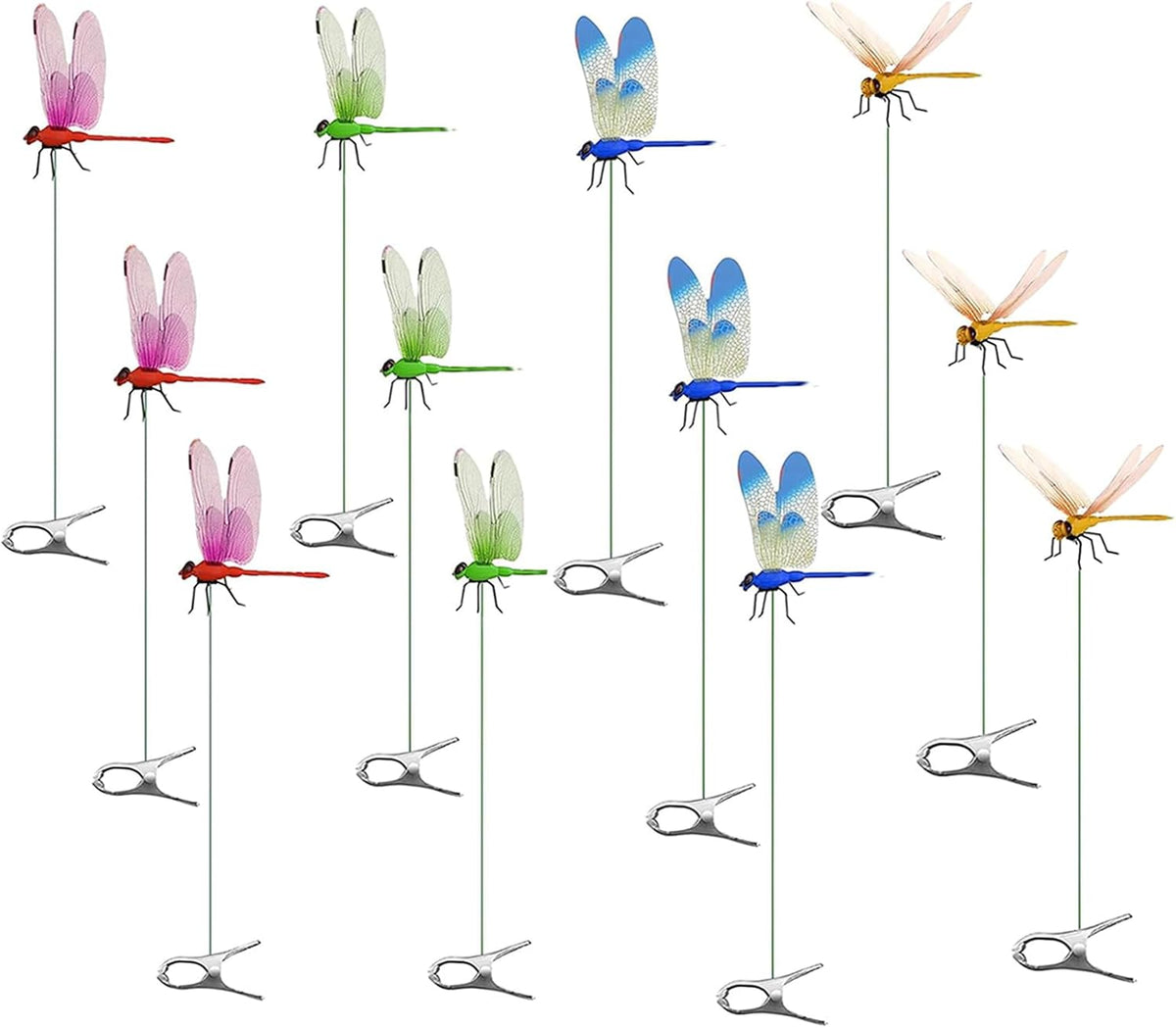 12 Pack Dragonfly Clip,Fake Dragonflies, Humming Bird Stakes Fake, Plastics Dragonfly for Garden Stakes Decor Yard Ornaments for Hat,Deer and Horse,Fly Scare Devices for Indoor Outdoor