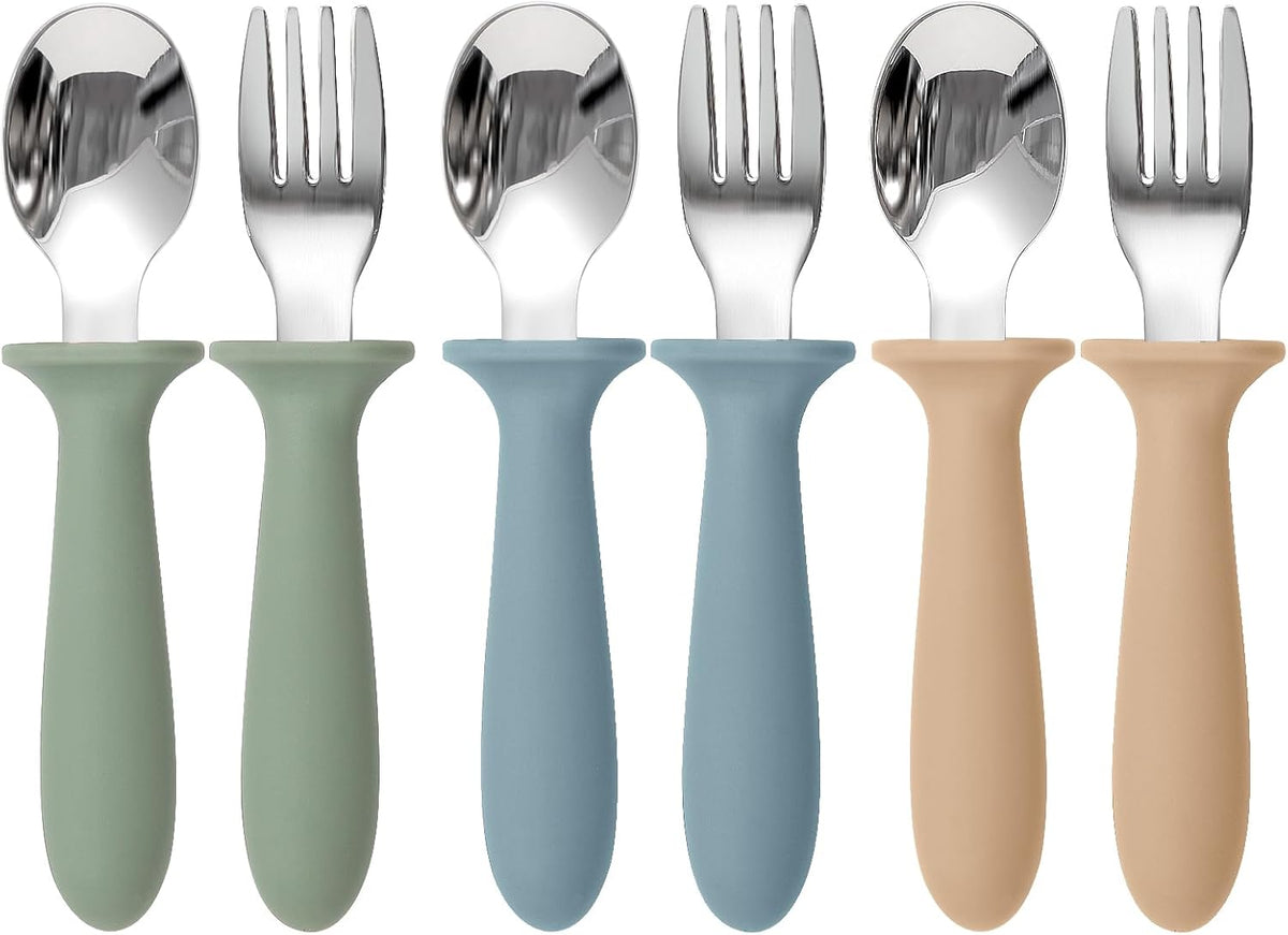 Eascrozn Toddler Utensils, 6 Pack kids Silverware Set with Silicone Handle, 18/8 Stainless Steel Children Safe Forks and Spoons, Dishwasher Safe