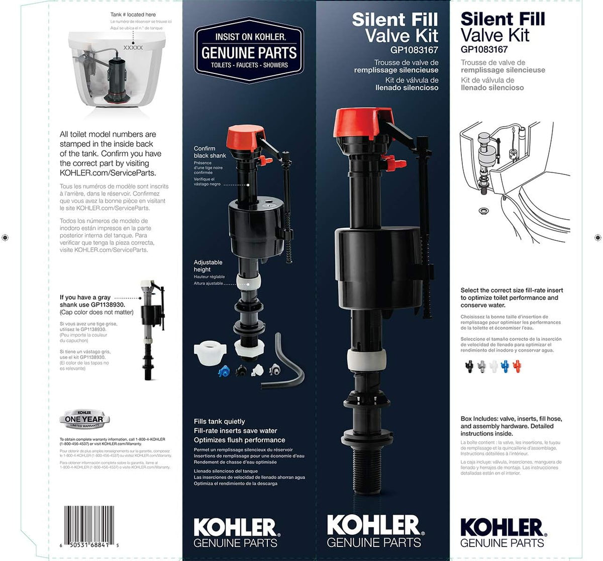 Kohler Genuine Part Gp1083167 Silent Fill Valve Kit For All Kohler Class Five Toilets,12.5" x 3.5" x 3"