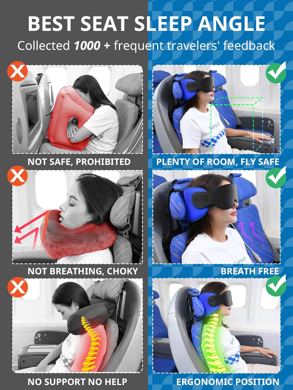 SARISUN Travel Pillows for Airplanes, Airplane Pillow for Long Flight, Airplane Head Strap with Eye Mask for Sleep, Travel Neck Pillow for Car Road Trip, 360° Support Headrest, Stop Bobblehead, Black