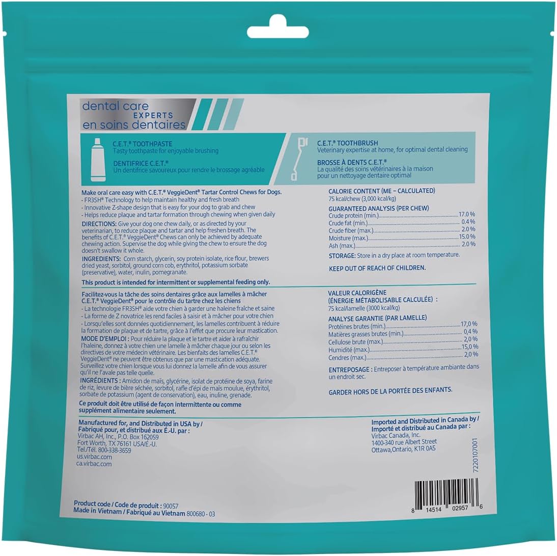 Virbac C.E.T.® VEGGIEDENT® FR3SH® Tartar Control Chews for Dogs with digestive health support, VOHC Approved, Medium 22-66lbs