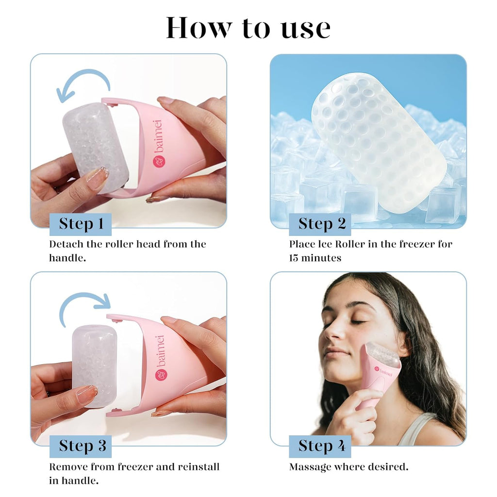BAIMEI IcyMe Ice Roller for Face and Gua Sha Facial Tool Set, Ice Face Roller Reduces Puffiness Relieves Migraines Skin Care Tools, Self Care for Women - Pink