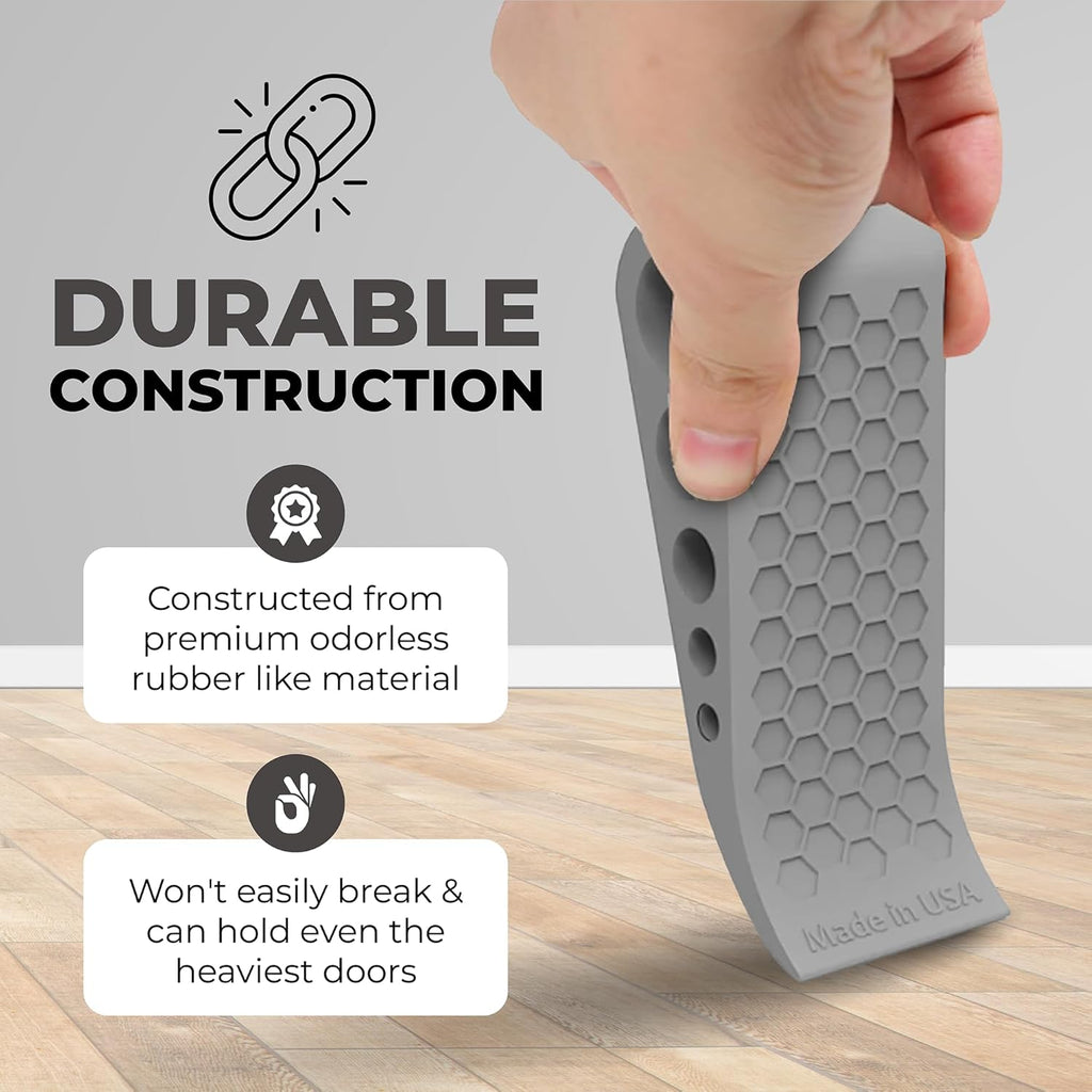 Door Stoppers for Bottom of Door Premium Floor Rubber Door Stop Wedge Made in USA Heavy Duty Honeycomb Design for Carpet, Tile, Ideal for Home, School, Commercial, Gray 2-Pack