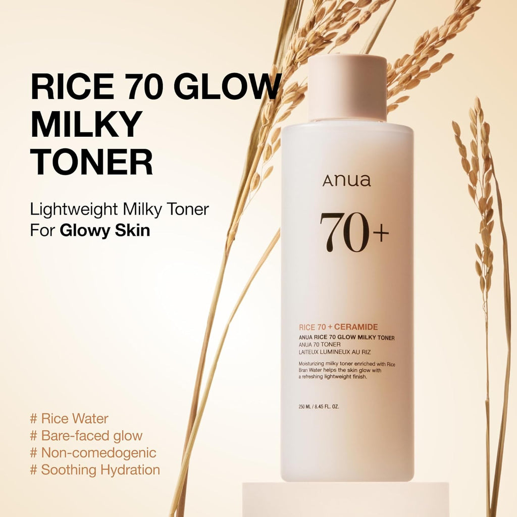 Anua Rice 70 Glow Milky Toner, Glass & Dewy Skin, Hydrating & Barrier Care, Rice Water, Niacinamide, Ceramides, All Skin Types, Fragrance-Free, Non Comedogenic, Korean Skincare, 8.45 fl.oz.