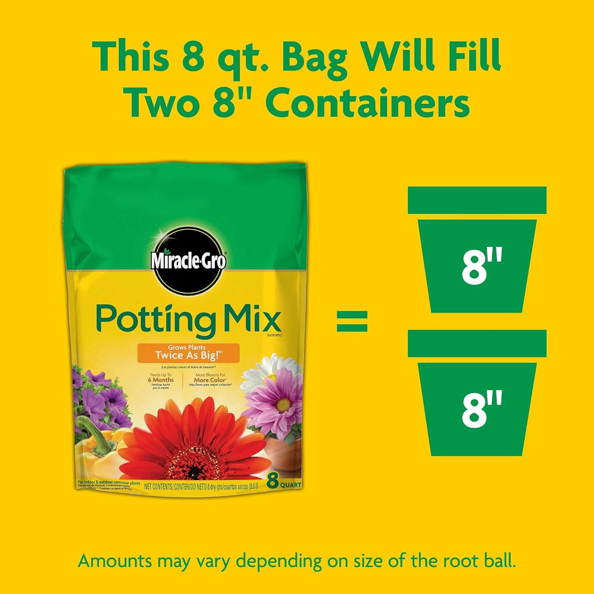 Miracle-Gro Potting Mix - For Container Plants, Flowers, Vegetables, Shrubs, Annuals, Perennials, Potting Soil Mix, Feeds up to 6 Months, 8 qt. (2-Pack)