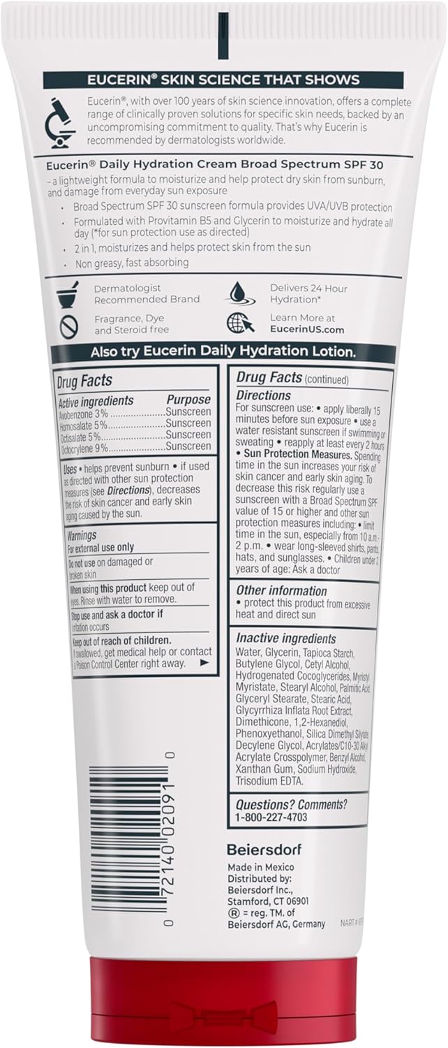 Eucerin Daily Hydration Broad Spectrum SPF 30 Sunscreen Body Cream for Dry Skin, Fragrance Free Sunscreen Moisturizer, 8 Oz Tube