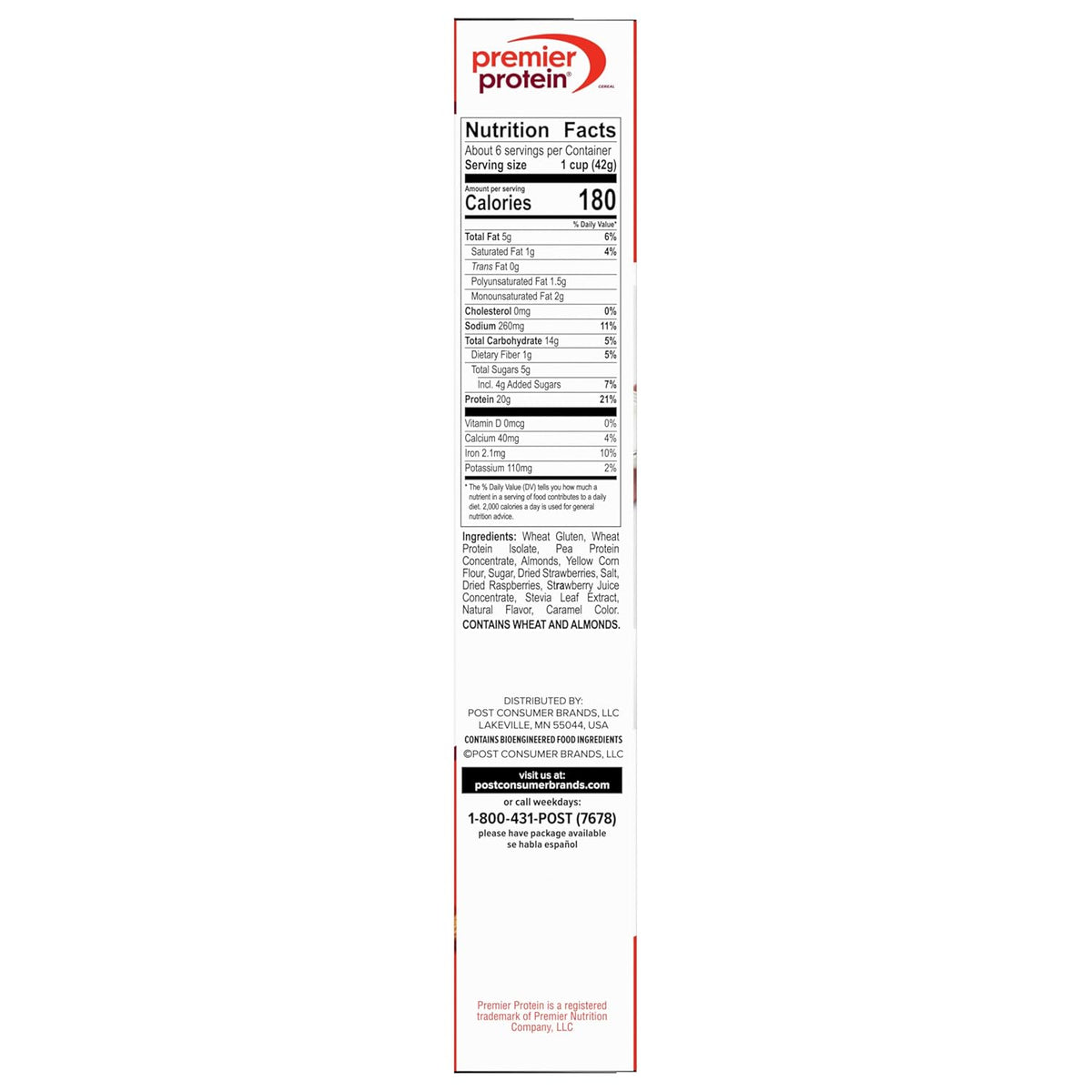 Premier Protein Mixed Berry Almond Cereal, Protein Cereal Flakes Mixed with Dried Berries and Sliced Almonds, Contains 20g of Protein Per Serving, 9 OZ Box