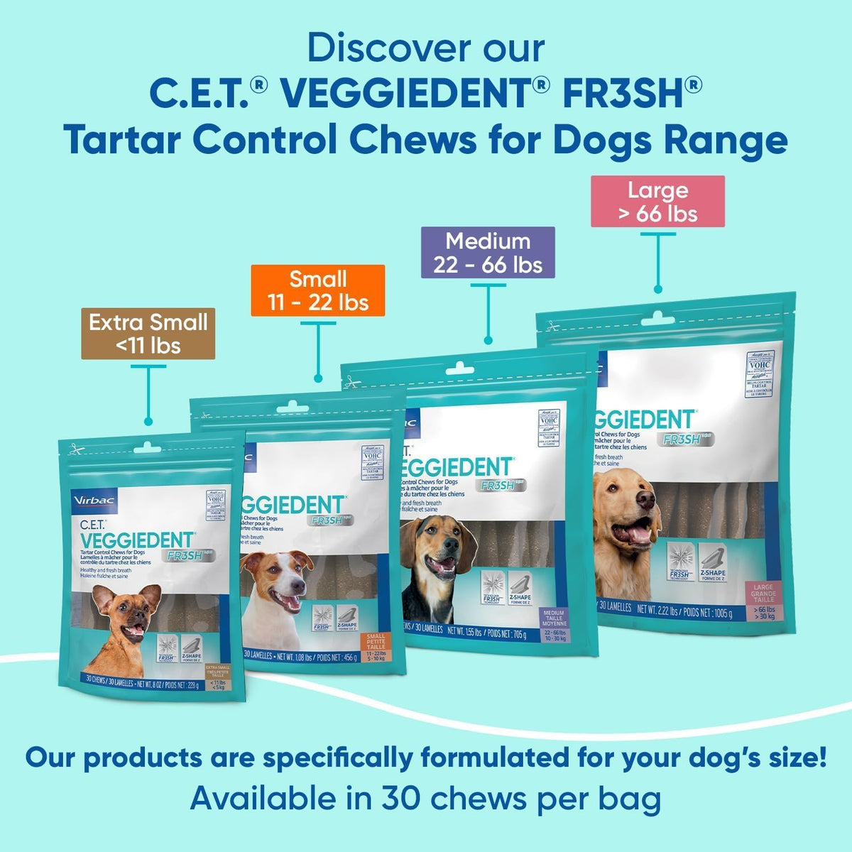 Virbac C.E.T.® VEGGIEDENT® FR3SH® Tartar Control Chews for Dogs with digestive health support, VOHC Approved, Medium 22-66lbs