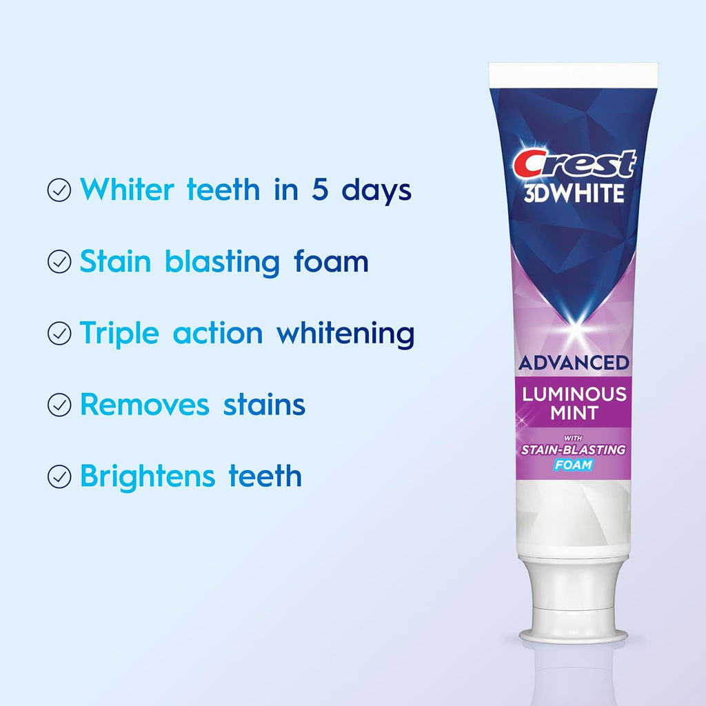Crest 3D White Advanced Luminous Mint Teeth Whitening Toothpaste, Crest Toothpaste, 3.7 oz Pack of 4 - Helps Remove Surface Stains, Whitens Teeth, Strengthens Tooth Enamel, Protects Against Cavities
