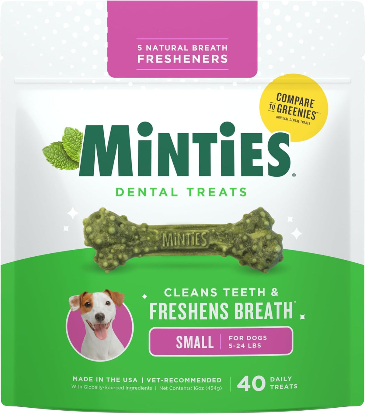 Minties Dog Dental Bone Treats, Tiny/Small Dental Dog Treats, 16 Ounces, Cleans Teeth, Fight Bad Breath, Removes Plaque and Tartar, 40 Count