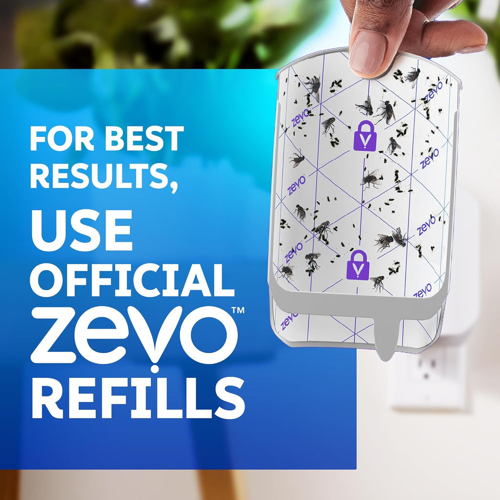 Zevo Flying Insect Trap & 3 Refill Cartridges - Plug in Fly Trap & Indoor Bug Catcher for Gnats, House & Fruit Flies - Blue & UV Light Technology, Mess-Free Alternative to Bug Zapper
