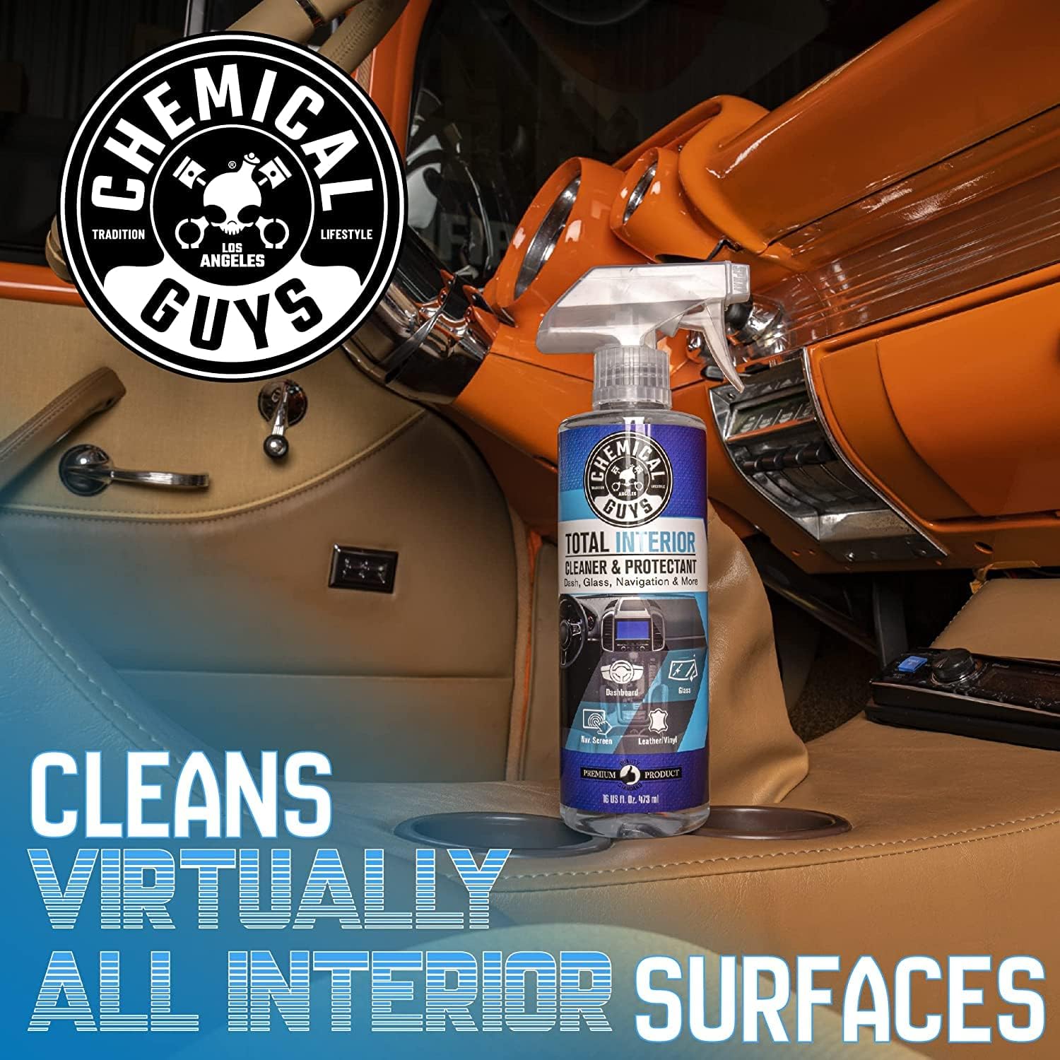 Chemical Guys Total Interior Cleaner & Protectant Interior Cleaner, Cleans & Protects Leather, Vinyl, Plastic, Rubber, Glass with a Streak-Free Finish — Cars, Trucks, SUVs, RVs, 16 oz