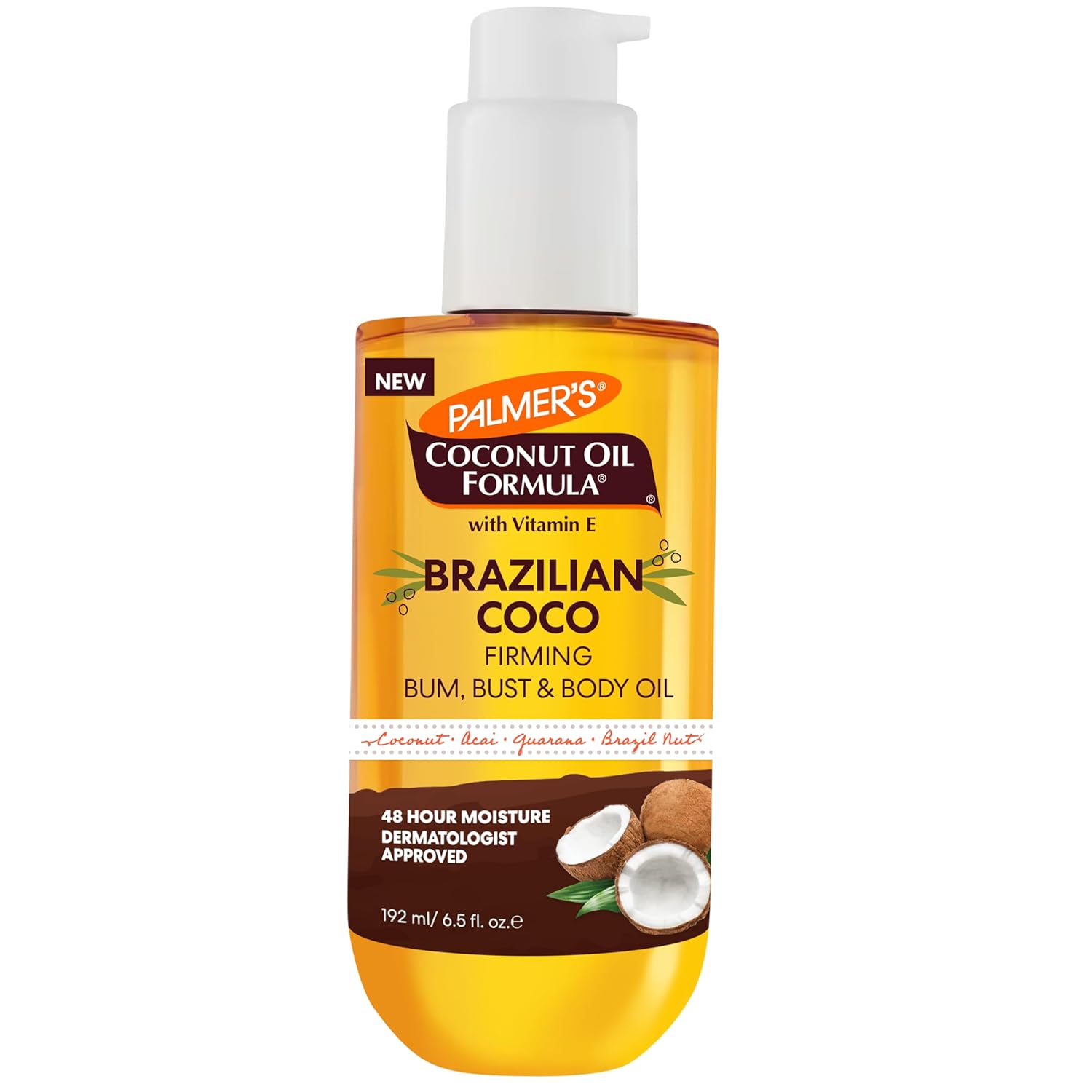 Palmer's Coconut Oil Formula Brazilian Coco Firming Body Oil with Vitamin E, 6.5 Fl Oz, Helps with Skin Tightening & Firming of Bum, Bust & Belly, Provides 48Hr Moisture, Dermatologist Approved