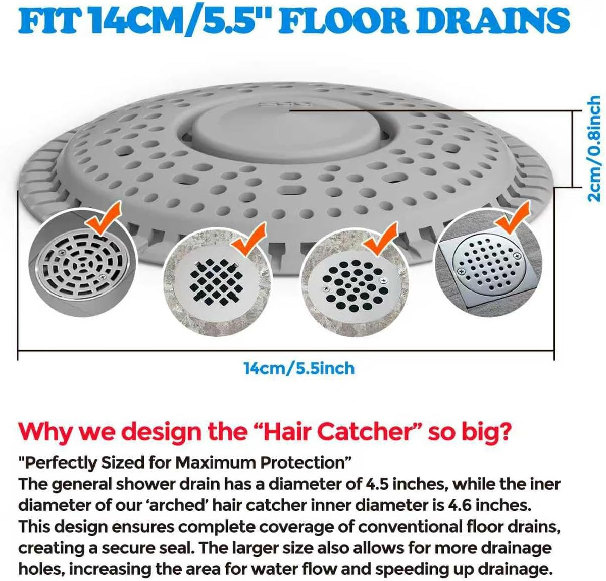 zaa Shower Drain Hair Catcher, 2 Pack Premium Silicone Drain Protector & Shower Drain Cover, Shower Installation Kits for Flat Drains of Shower Room, Bathroom, Gray