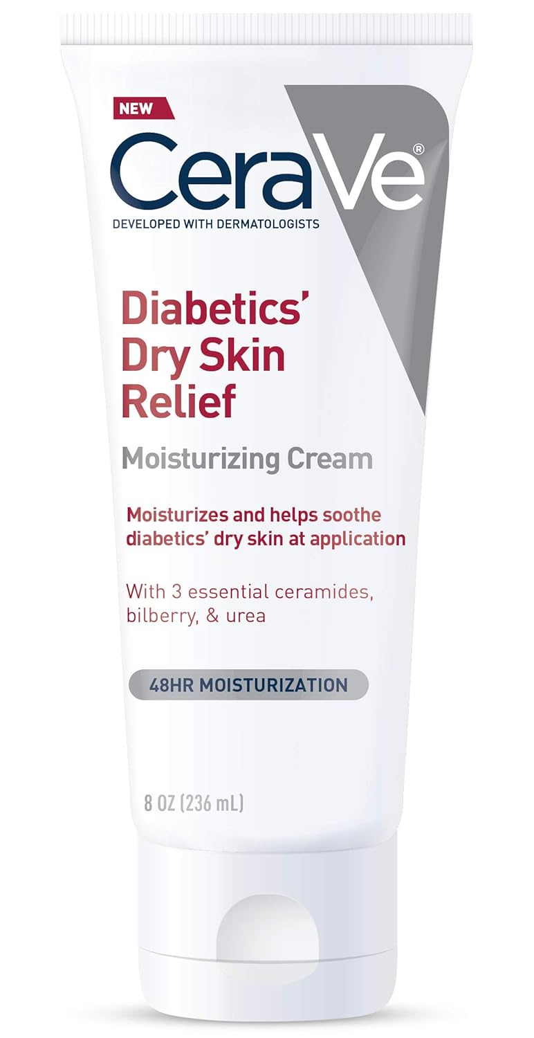 CeraVe Moisturizing Cream for Diabetics’ Dry Skin, Urea Cream with Bilberry for Face and Body, Fragrance Free & Paraben Free, 8 Ounce