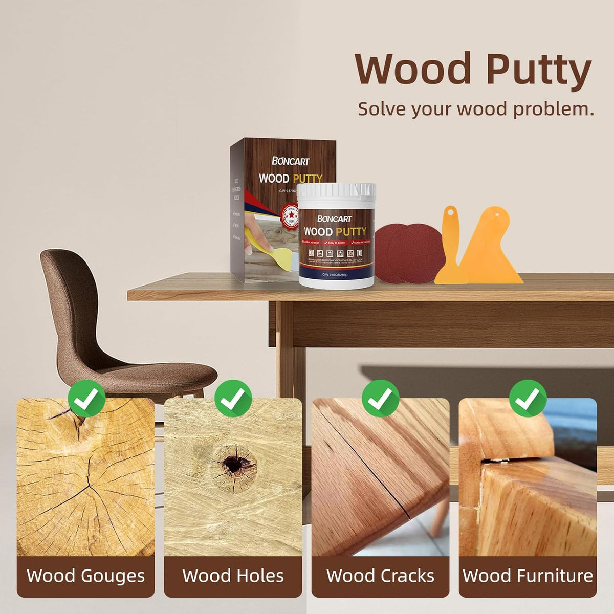 BONCART Wood Filler,Wood Putty,Wood Filler Paintable,Wood Repair Putty Stainable,9.87 Ounce White Wood Filler,Wood Furniture Repair kit,Quickly Repair Any Broken and defective Wooden Furniture