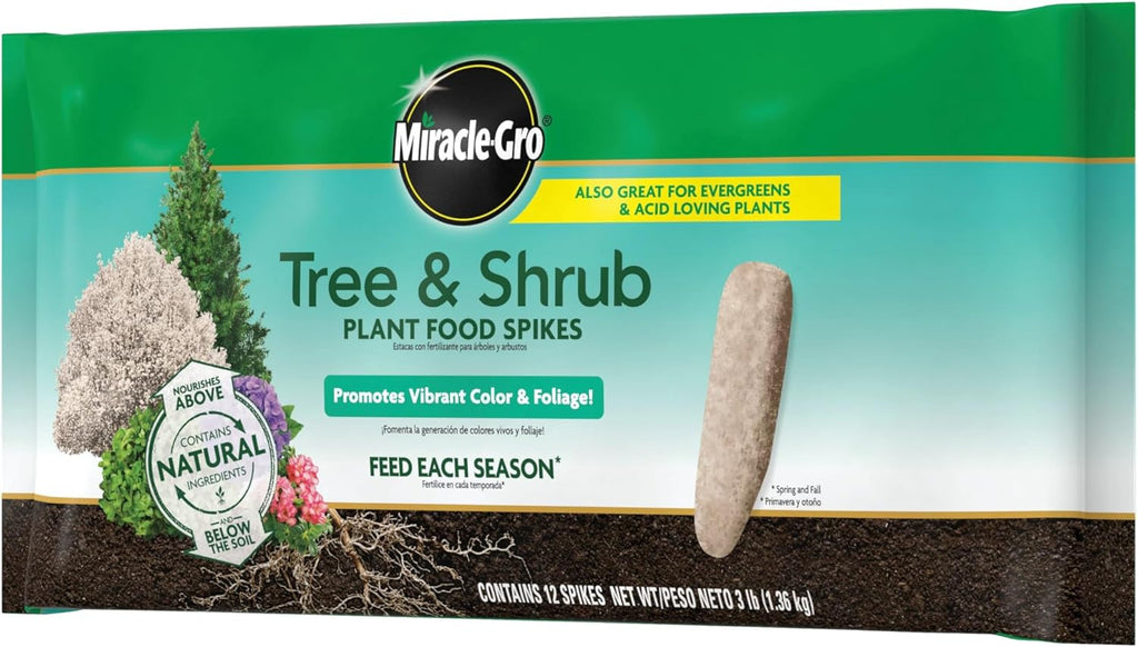 Miracle-Gro Tree and Shrub Plant Food Spikes - Deciduous, Flowering & Evergreen Tree Fertilizer Spikes, Hydrangeas, and Acid-Loving Plants, 12 Count, 3 lb.