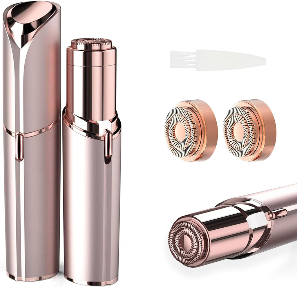 tuokiy Women Facial Hair Removal Device Battery Operated with 2 Replacement Heads,Ladies Face Shaver for Peach Fuzz Upper Lip,Chin, Facial Hair Removal for Women, Rose Gold(2 PCS Heads)