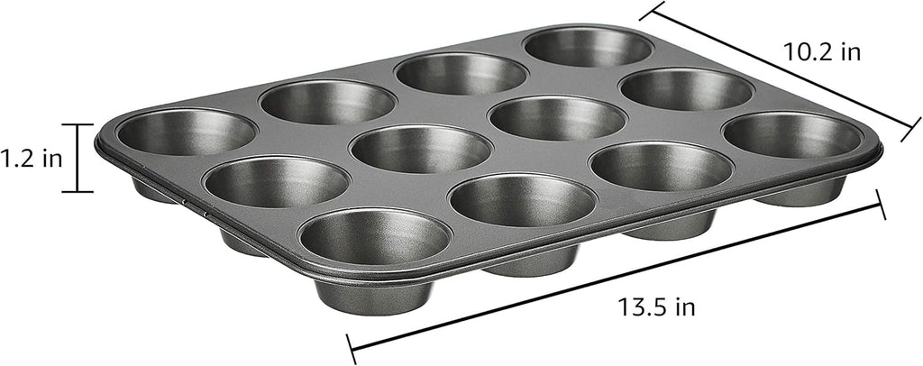 Amazon Basics Nonstick Muffin Pan, Set of 2, Sturdy, Oven Safe, Bakes Evenly, Easy to Clean, 12 Cups, Gray, 13.9x10.55x1.22"