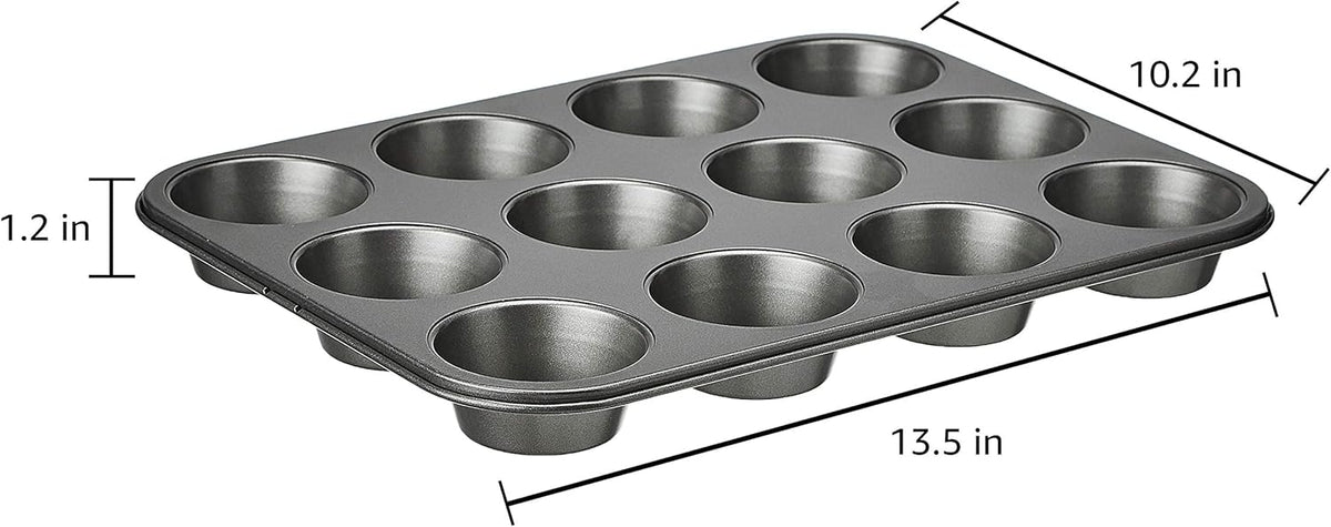 Amazon Basics Nonstick Muffin Pan, Set of 2, Sturdy, Oven Safe, Bakes Evenly, Easy to Clean, 12 Cups, Gray, 13.9x10.55x1.22"