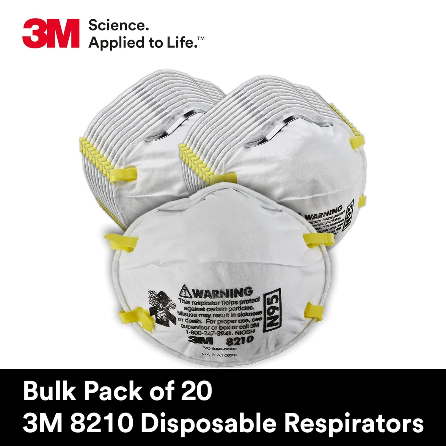 3M 8210 Particulate Respirator, N95, Pack of 20 Disposable Respirator, NIOSH APPROVED, Two-Strap Cup Style Design, Lightweight with Cushioning Nose Foam