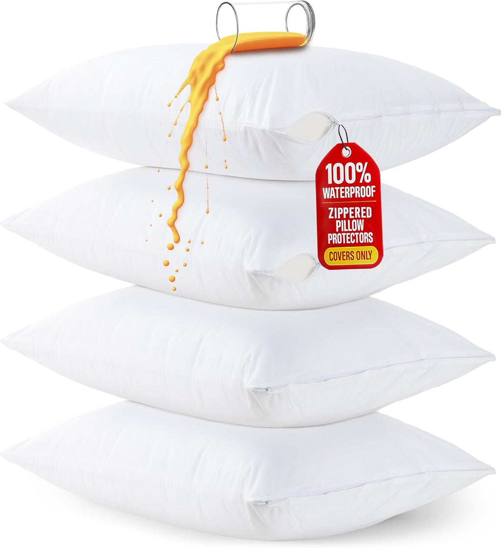 Set of 4 Pillow Protectors with Zipper Standard Size, Bed Bug and Dust Mite Proof Pillow Covers, Ultra Soft Pillow Encasements, Moisture Wicking and Waterproof Pillow Cases by Utopia Bedding (White)