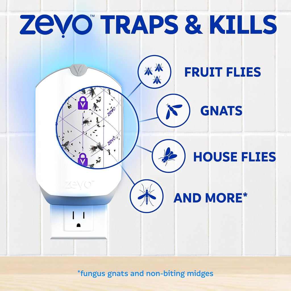 Zevo Flying Insect Trap & 3 Refill Cartridges - Plug in Fly Trap & Indoor Bug Catcher for Gnats, House & Fruit Flies - Blue & UV Light Technology, Mess-Free Alternative to Bug Zapper