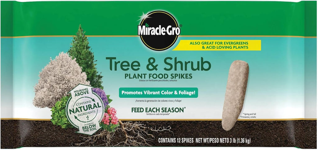 Miracle-Gro Tree and Shrub Plant Food Spikes - Deciduous, Flowering & Evergreen Tree Fertilizer Spikes, Hydrangeas, and Acid-Loving Plants, 12 Count, 3 lb.
