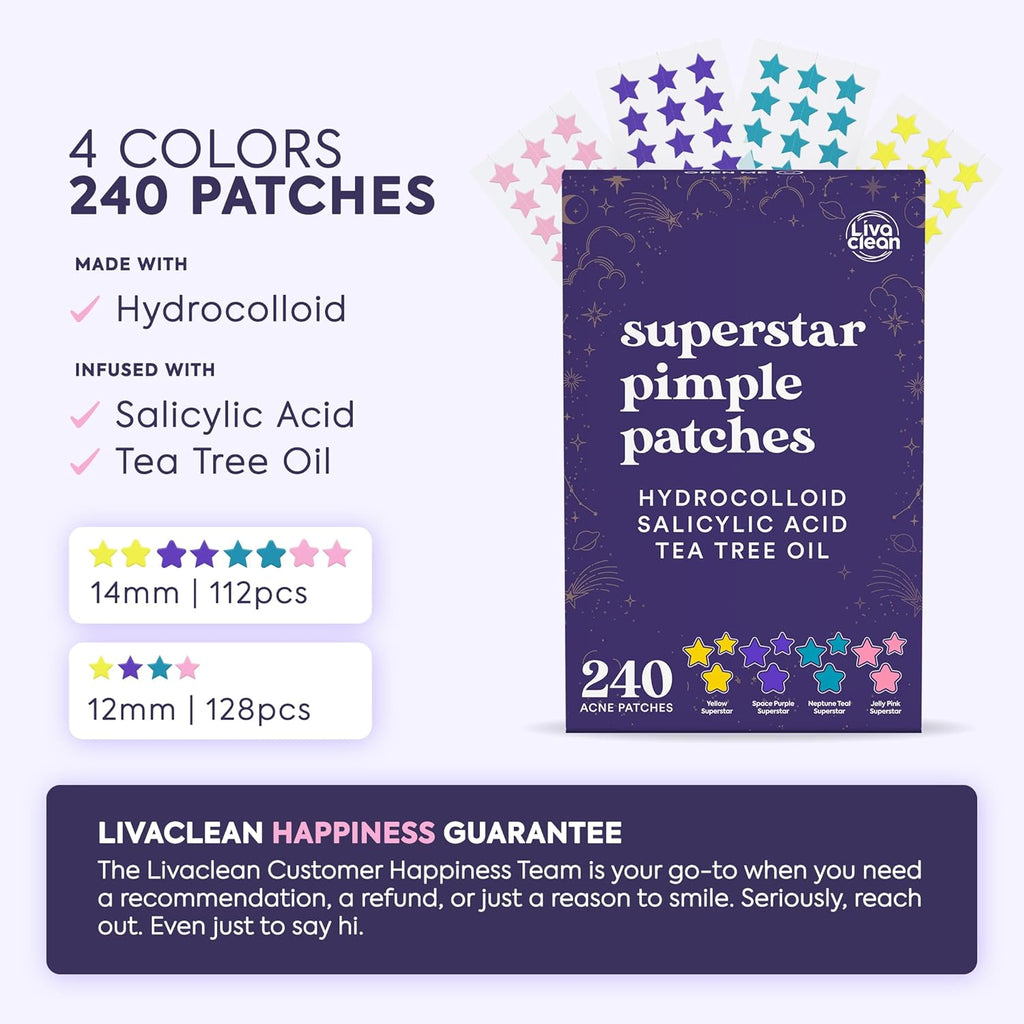 Livaclean Star Pimple Patches for Face w/ Hydrocolloid, Tea Tree oil & Salicylic Acid - Zit Stickers, Hydrocolloid Acne Patches for Face - Cute Pimple Patch, Acne Stickers | w/Hydrocolloid, Salicylic Acid, Tea Tree, Healing Stickers, Zit Superstar