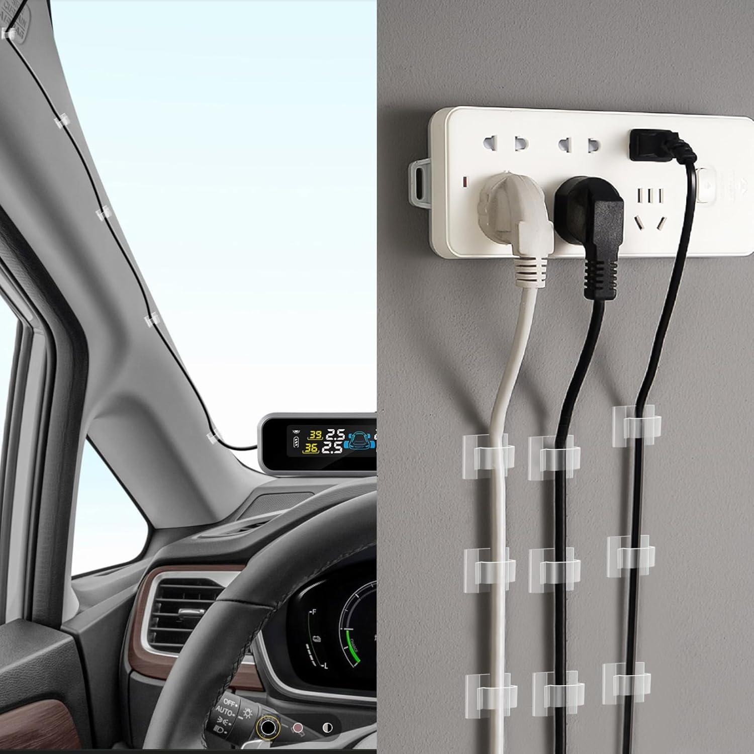60 PCS XHF 5/8” Adhesive Cable Wire Clips Clear, Outdoor Christmas Light Clips, Cable Staples Cable Management Wire Organizer Cord Holder for Under Desk, Car, Wall, TV PC Ethernet Cable