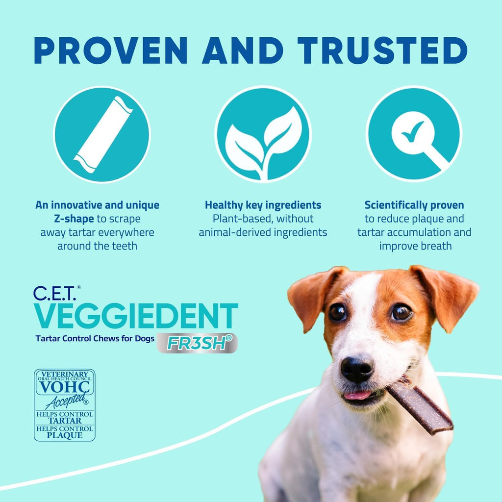 Virbac C.E.T.® VEGGIEDENT® FR3SH® Tartar Control Chews for Dogs with digestive health support, VOHC Approved, Medium 22-66lbs