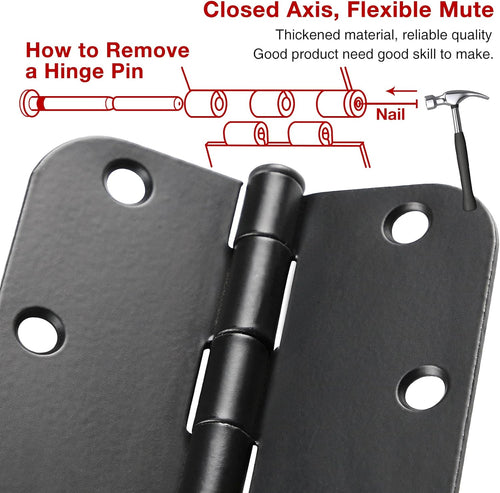 30 Pack Rounded Matte Black Door Hinges 3.5 Inch 5/8" Radius Interior 3 1/2" Flat Iron Bifold Residential Standard Bedroom Indoor for Doors 3 ½"Hardware Control H