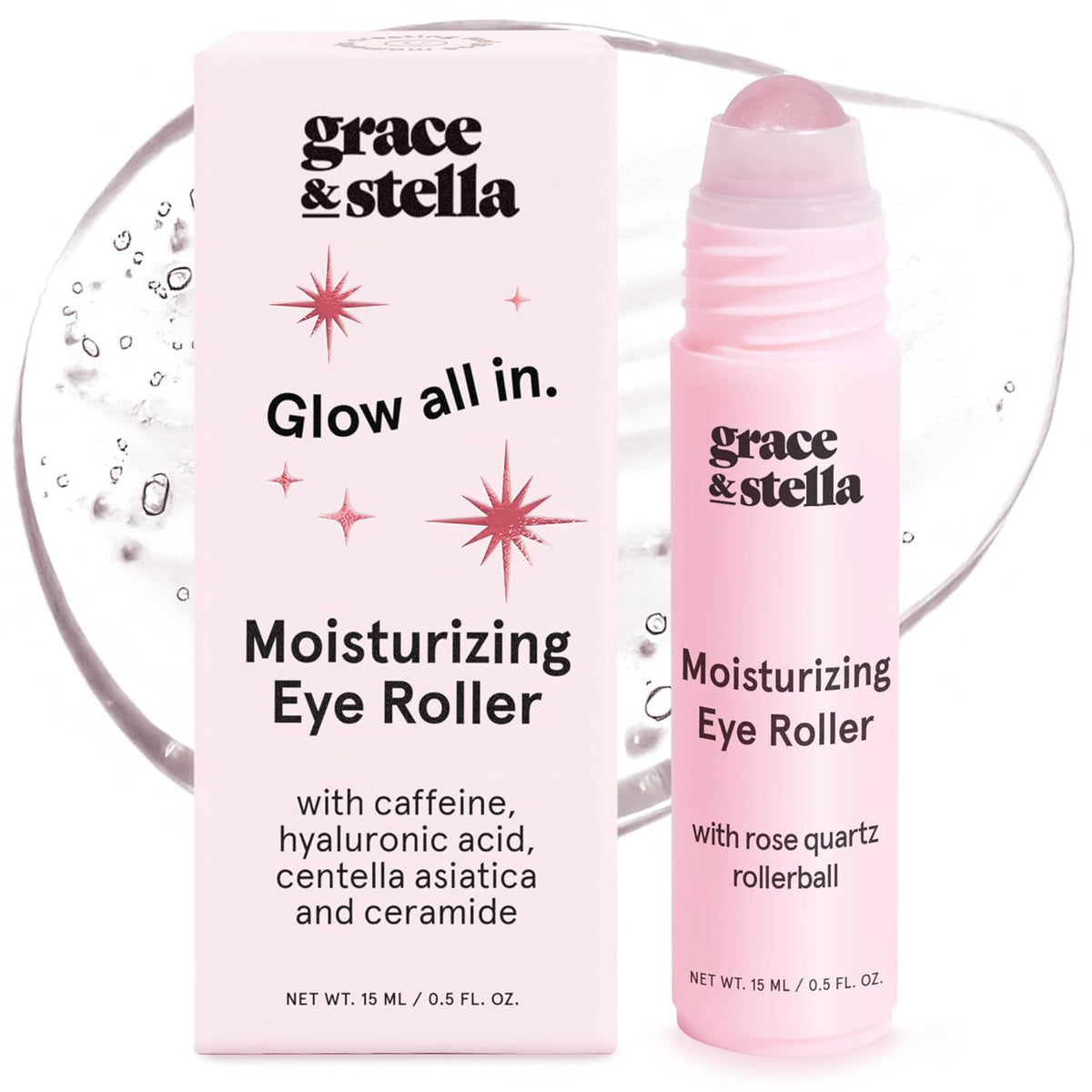 grace & stella Under Eye Brightener with Rose Quartz Rollerball - Centella Asiatica & Caffeine Under Eye Serum for Dark Circles & Puffiness - Travel Essentials, Birthday Gifts for Mom (15ml/0.51floz)