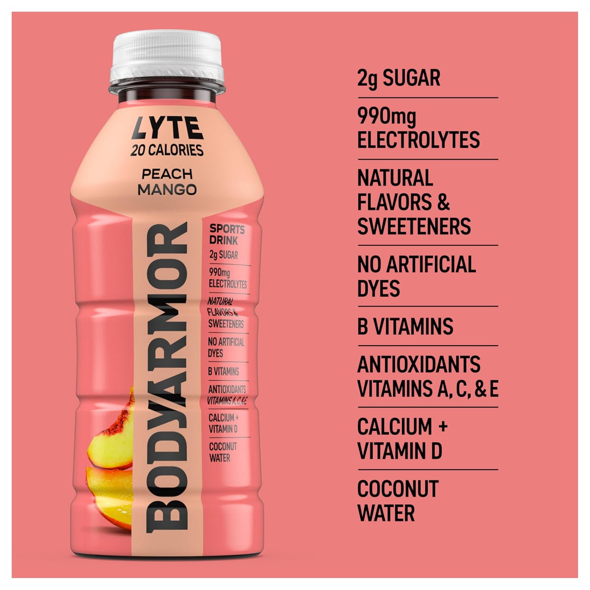 BODYARMOR LYTE, Peach Mango, Electrolyte Drink, 20 Calories, 16 Fl Oz Bottles (12 Pack), Coconut Water Sports Drink, Natural Flavor & B Vitamins