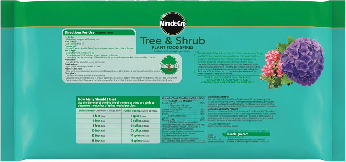 Miracle-Gro Tree and Shrub Plant Food Spikes - Deciduous, Flowering & Evergreen Tree Fertilizer Spikes, Hydrangeas, and Acid-Loving Plants, 12 Count, 3 lb.