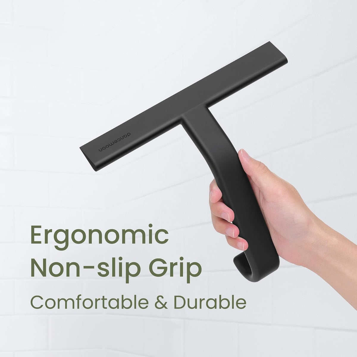 dancemoon JustHang Shower Squeegee for Glass Doors, All-in-One Award-Winning Silicone Squeegee with Built-in Hook for Bathroom, Window, Mirror, Tile Wall, Car, Streak-Free Cleaner Tool, 10-Inch Black