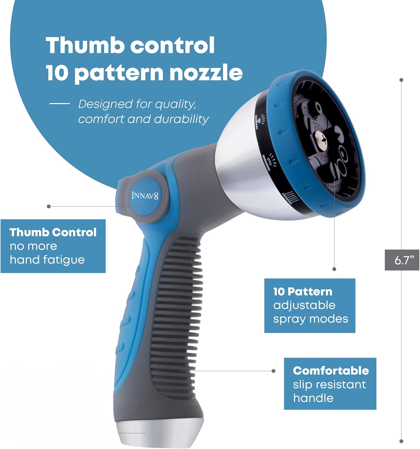 INNAV8 Garden Hose Nozzle Heavy Duty - Features 10 Spray Patterns, THUMB CONTROL On Off Valve Hose Sprayer Nozzle for Easy Water Control - Outdoor Water Hose Nozzle Head Attachment