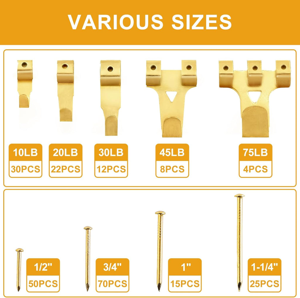 KURUI 303Pcs Picture Hanging Kit, Picture Hangers Assorted Kit with Heavy Duty Picture Hanging Hooks/Hardware Nails/Sawtooth/Wire/D Rings/Level, Metal Picture Wall Hooks for Frame Canvas Mounting