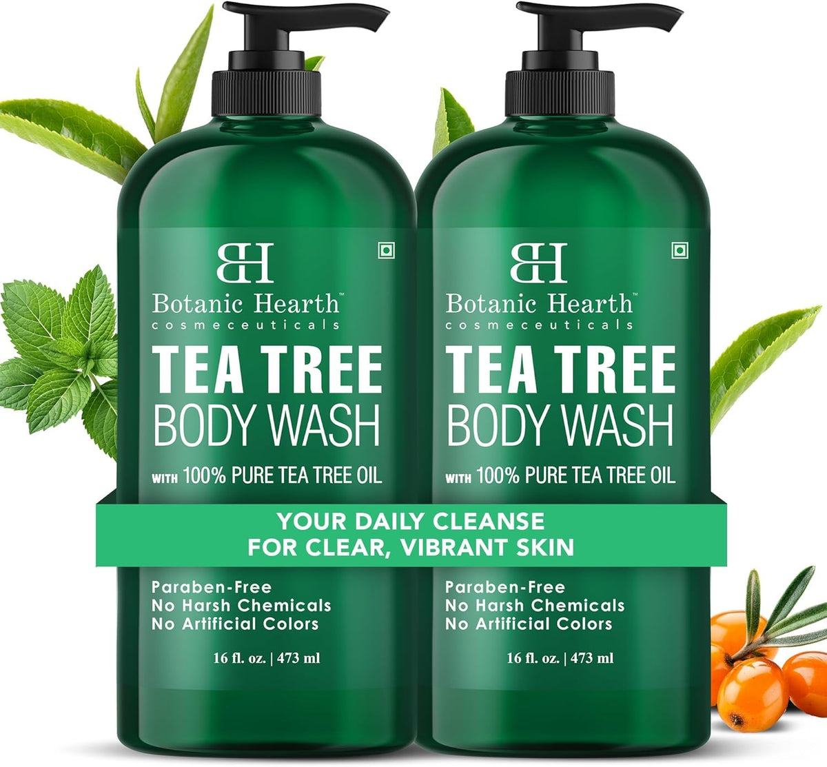 Botanic Hearth Tea Tree Body Wash 16 fl oz (2 Pack) Natural Antifungal & Odor Control Shower Gel for Acne, Athlete’s Foot, Ringworm, Jock Itch, Healthy Skin, Sulfate & Paraben Free, for Men & Women