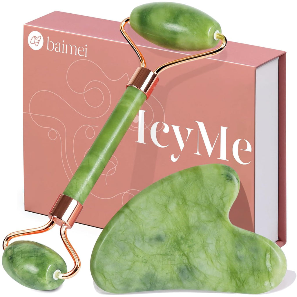 BAIMEI IcyMe Gua Sha & Jade Roller Facial Tools Face Roller and Gua Sha Set for Puffiness and Redness Reducing Skin Care Routine, Self Care for Men Women - Green