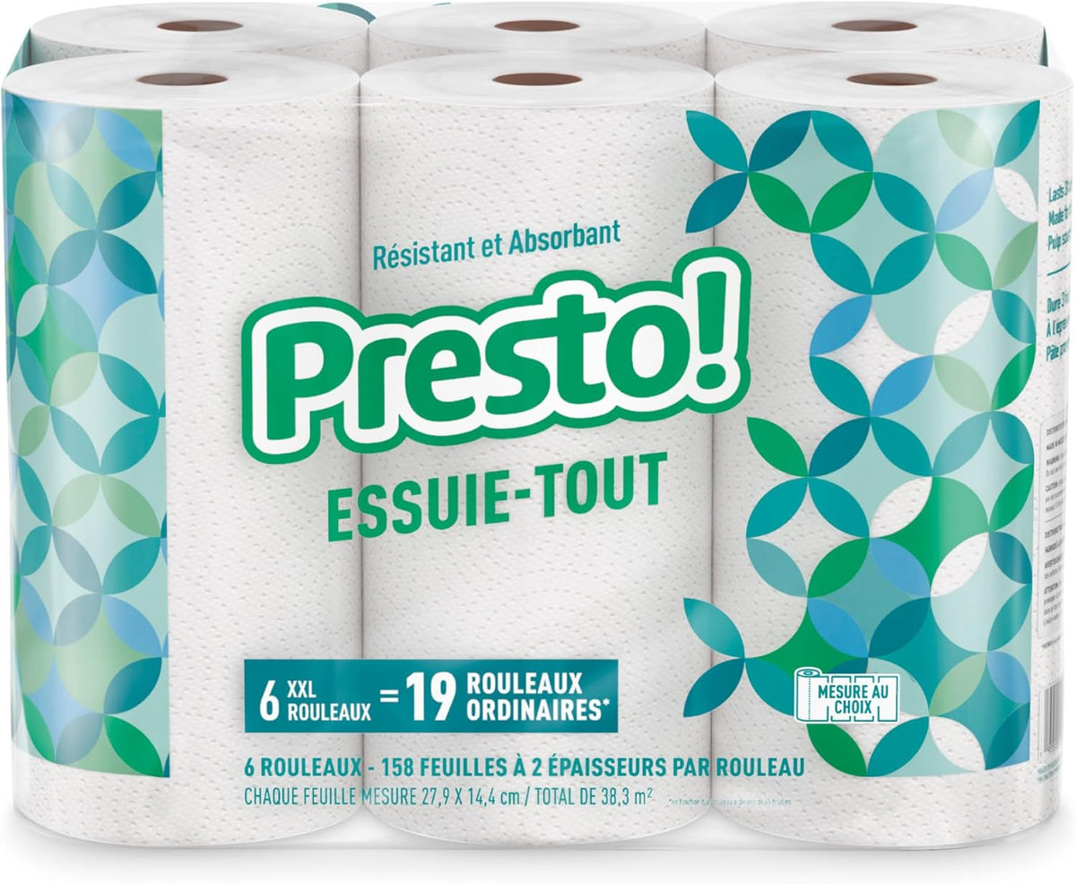 Amazon Brand - Presto! Ultra-Strong Premium Paper Towels, 158 Sheet Huge roll - Flex-a-Size, 6 Rolls, Equivalent to 19 Regular Rolls, White