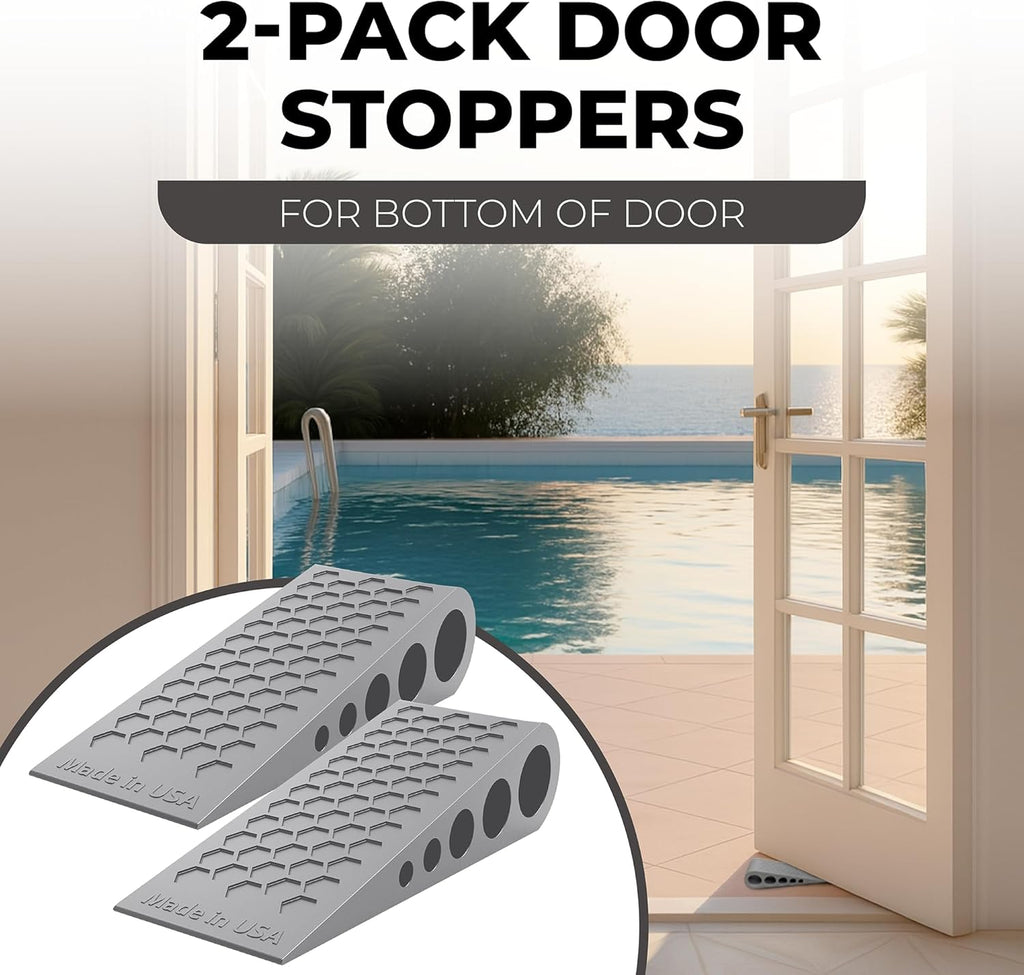 Door Stoppers for Bottom of Door Premium Floor Rubber Door Stop Wedge Made in USA Heavy Duty Honeycomb Design for Carpet, Tile, Ideal for Home, School, Commercial, Gray 2-Pack
