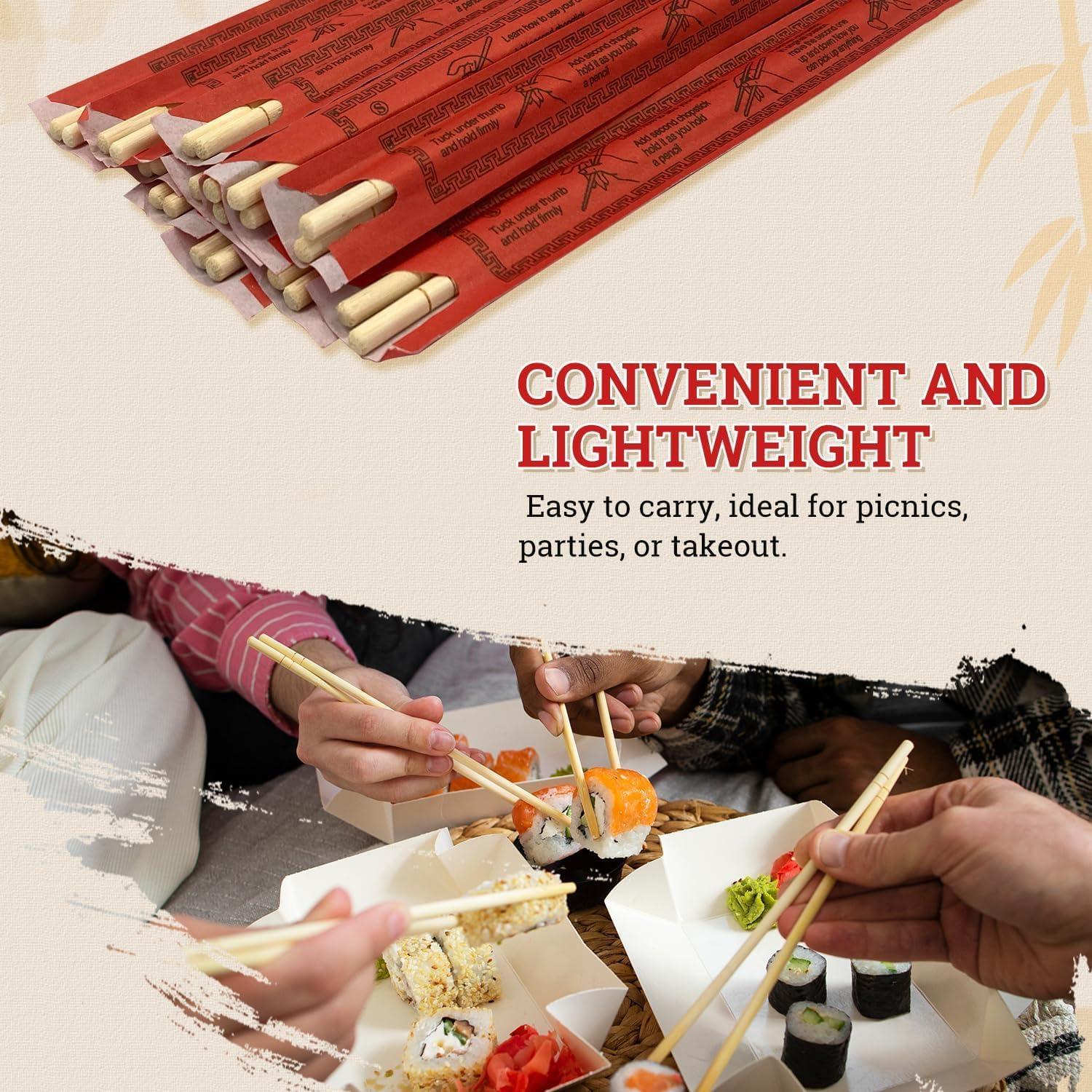 52USA Disposable Bamboo Chopsticks (100 Sets) - 9'' Long, UV Treated, Individually Wrapped Japanese and Chinese Wooden Chopsticks Bulk